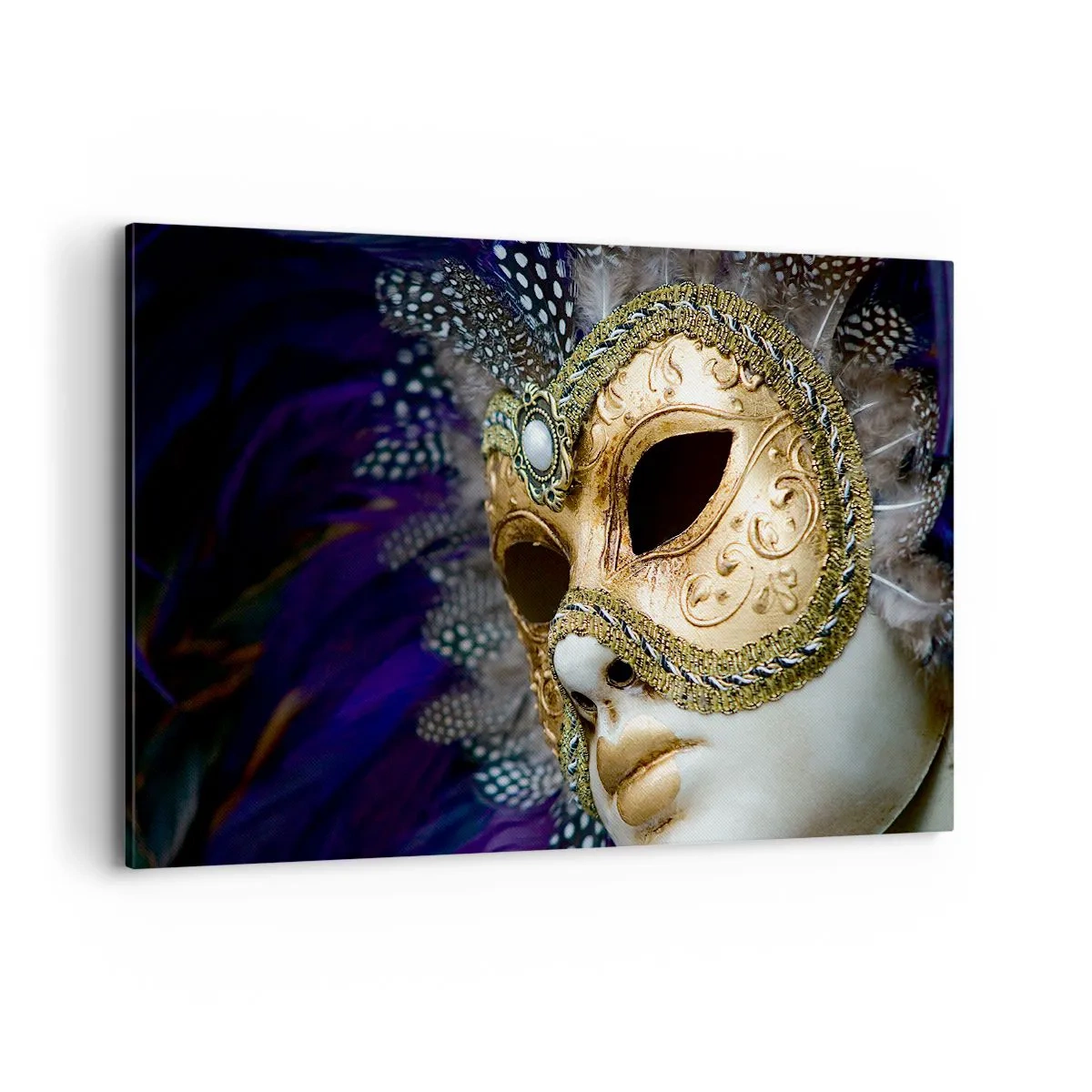 Quadro su tela - Stampe su Tela - Maschera veneziana dorata con piume decorative e ornamenti - 120x80cm - Ritratto di Venezia in oro - Decorazione murale moderna per soggiorno e camera da letto ARTTOR