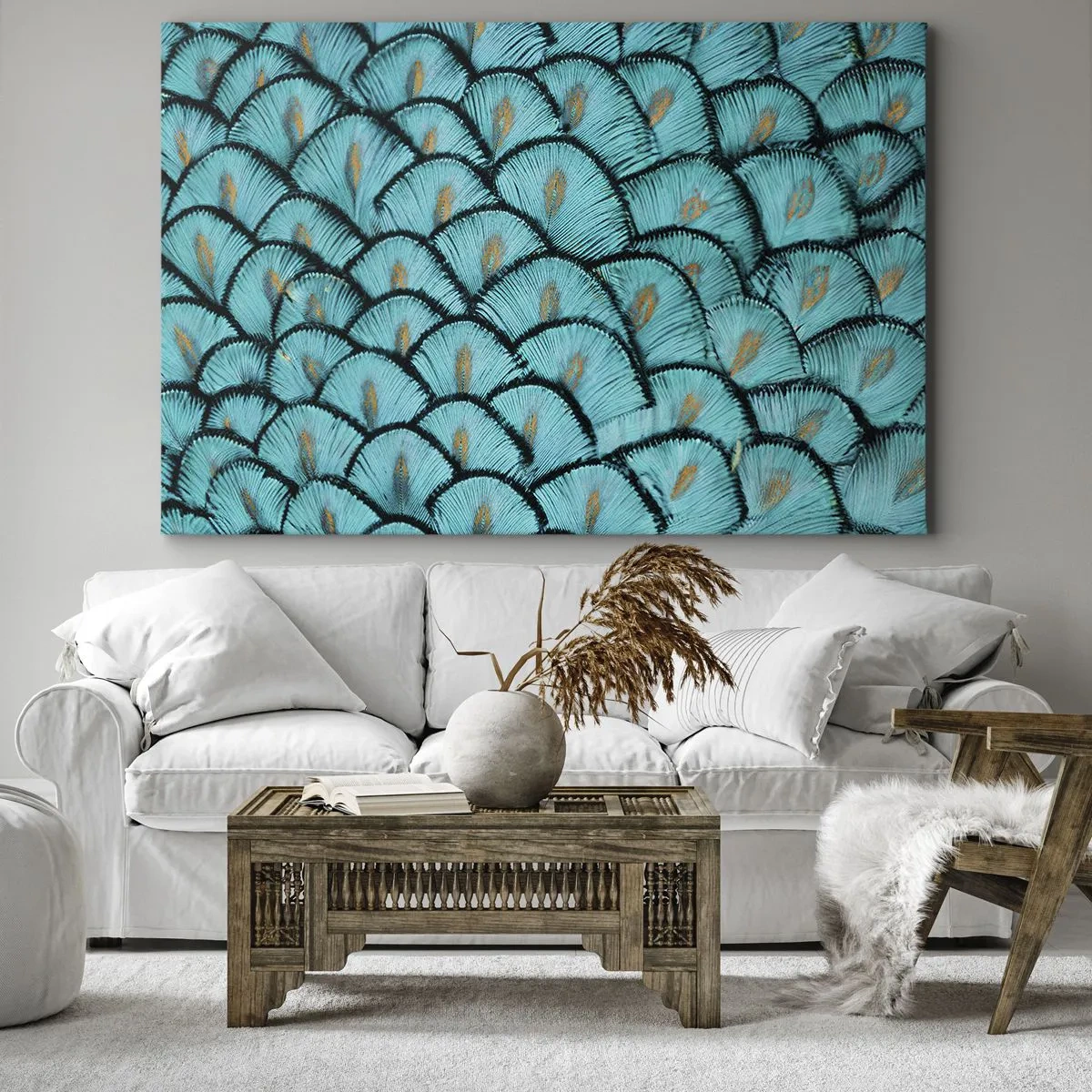 Quadro su tela - Stampe su Tela - Un motivo che ricorda le squame turchesi con accenti dorati - 120x80cm - La grande festa delle piume - Decorazione murale moderna per soggiorno e camera da letto ARTTOR