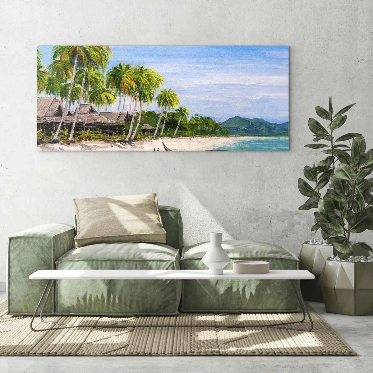 Quadro su vetro - Una spiaggia esotica con palme e una barca sulla riva - 120x50cm - Sogno esotico - Decorazione murale moderna per soggiorno e camera da letto ARTTOR
