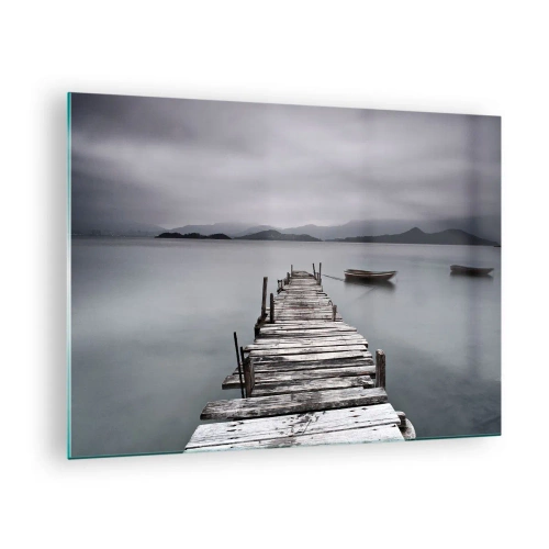 Quadro su vetro - Un molo di legno su un lago in una giornata nebbiosa - 70x50cm - Domani puoi partire - Decorazione murale moderna per soggiorno e camera da letto ARTTOR
