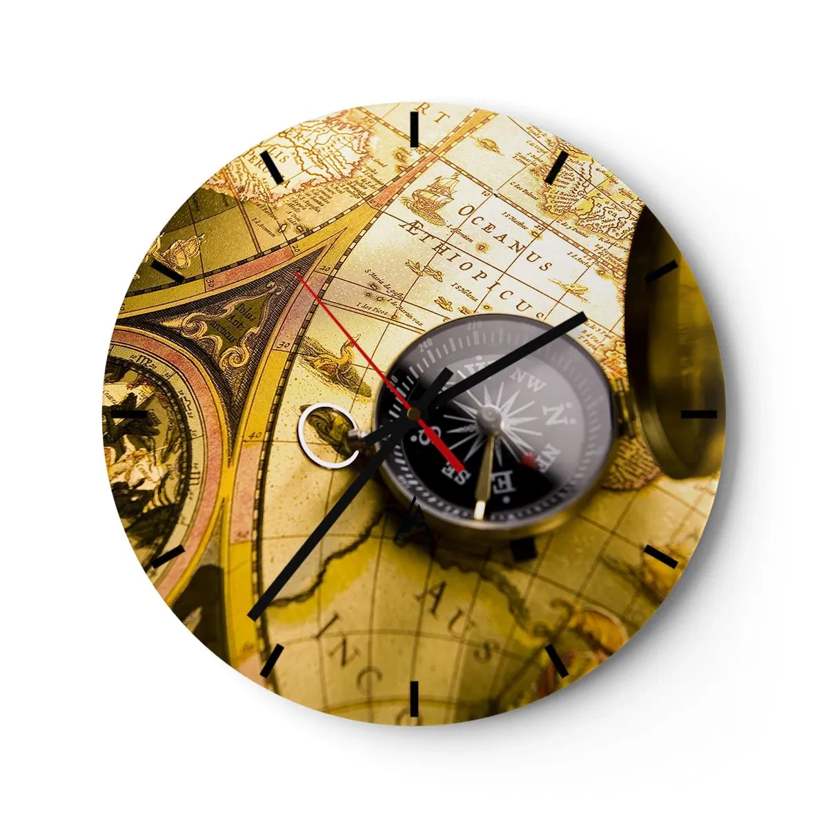 Orologio da parete - Orologio in Vetro - Una bussola su uno sfondo di vecchia mappa - 30x30cm - Forse all'estremità del mondo? - Decorazione murale moderna per soggiorno, cucina e camera da letto ARTTOR
