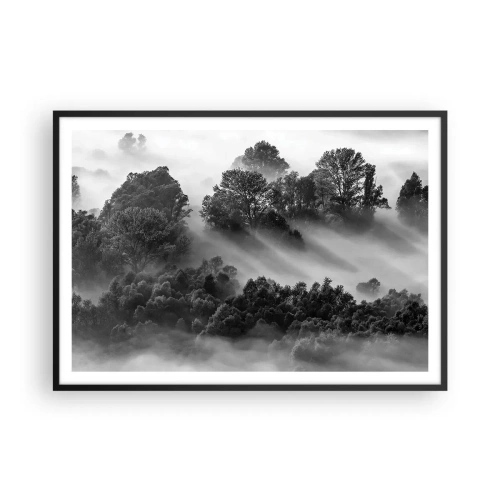 Poster in cornice nera - Paesaggio forestale in bianco e nero nella nebbia mattutina - 100x70cm - Risveglio dal sonno - Decorazione murale moderna per soggiorno e camera da letto ARTTOR