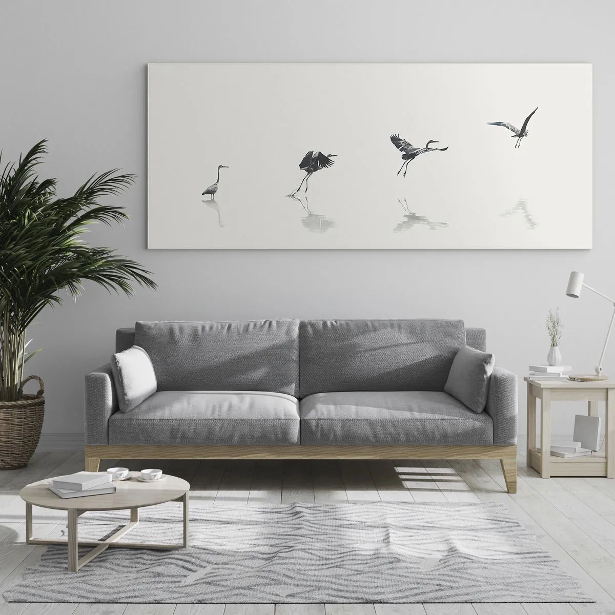 Quadro su vetro - Quattro sagome di uccelli riflesse nell'acqua calma - 120x50cm - Quattro semplici passi - Decorazione murale moderna per soggiorno e camera da letto ARTTOR