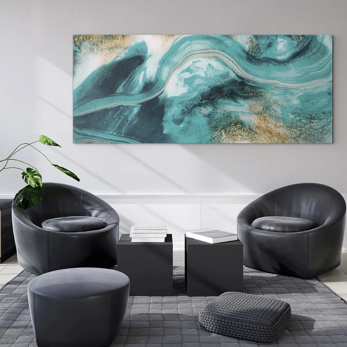 Quadro su vetro - Astrazione turchese con accenti bianchi e dorati - 140x50cm - Il fiume d'oro - Decorazione murale moderna per soggiorno e camera da letto ARTTOR