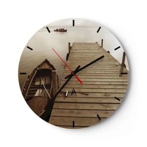 Orologio da parete - Orologio in Vetro - Una barca su un molo di legno in color seppia - 30x30cm - La grande pace - Decorazione murale moderna per soggiorno, cucina e camera da letto ARTTOR