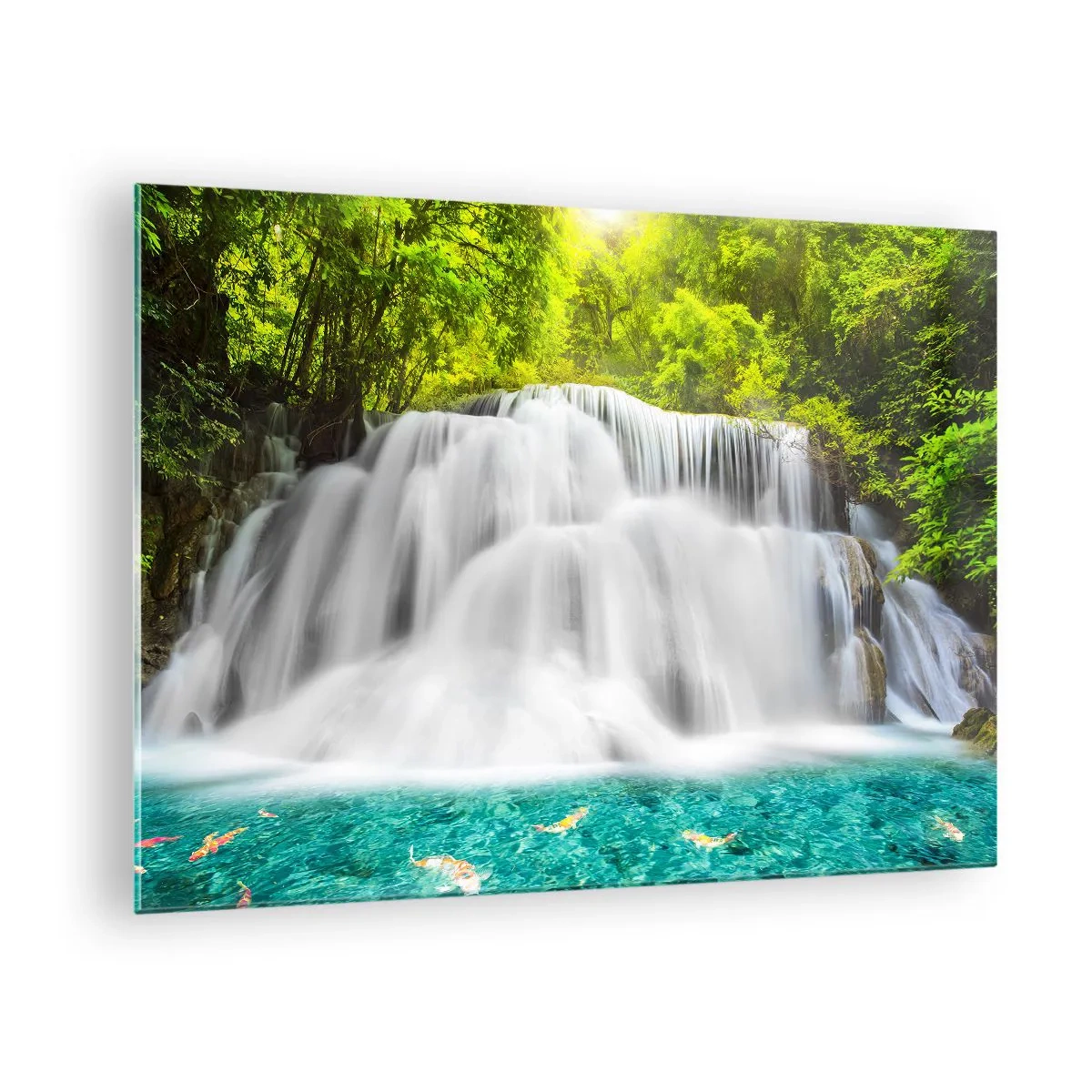 Quadro su vetro - Una cascata immersa nel verde con acqua cristallina - 70x50cm - Cascata spumeggiante dal verde all'azzurro - Decorazione murale moderna per soggiorno e camera da letto ARTTOR