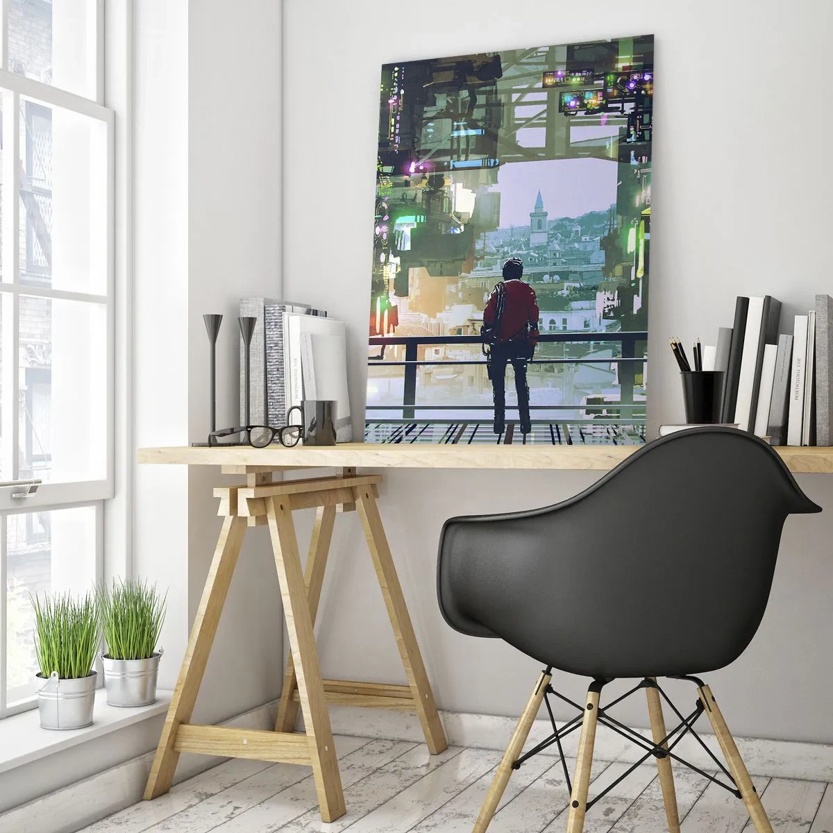 Quadro su vetro - Una figura sullo sfondo di una città futuristica con vista sulla città vecchia - 50x70cm - Due mondi - Decorazione murale moderna per soggiorno e camera da letto ARTTOR