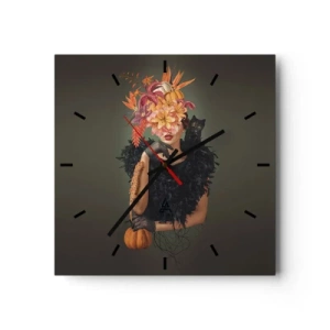 Orologio da parete - Orologio in Vetro - Ritratto di donna con motivi autunnali e un gatto - 30x30cm - L'incantesimo della strega - Decorazione murale moderna per soggiorno e camera da letto ARTTOR