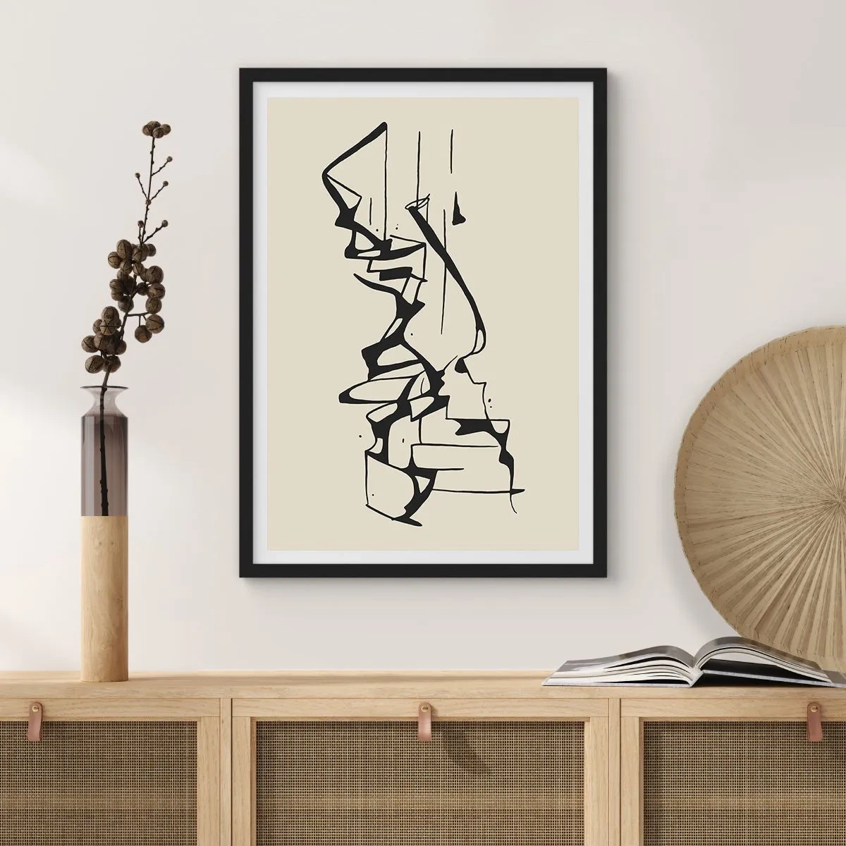 Poster in cornice nera - Composizione astratta in bianco e nero di linee e forme - 50x70cm - Forse è un paesaggio - Decorazione murale moderna per soggiorno e camera da letto ARTTOR