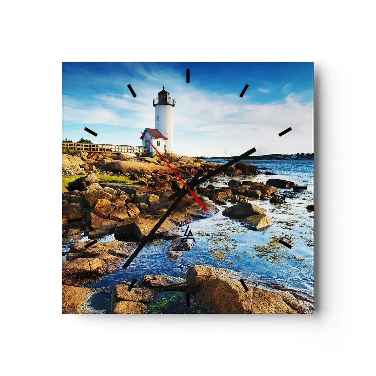 Orologio da parete - Orologio in Vetro - Un faro su una costa rocciosa in una giornata di sole - 30x30cm - Tornate sani e salvi, vi aspetto - Decorazione murale moderna per soggiorno e camera da letto ARTTOR