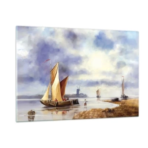Quadro su vetro - Barche a vela su un lago calmo con mulini a vento sullo sfondo - 120x80cm - Il ritorno dei marinai - Decorazione murale moderna per soggiorno e camera da letto ARTTOR