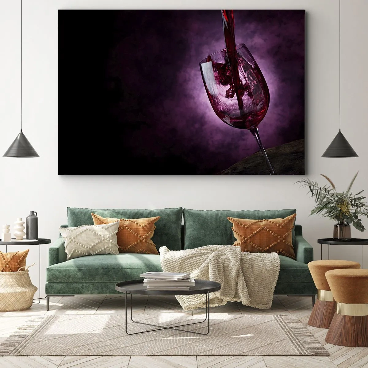 Quadro su tela - Stampe su Tela - Vino rosso versato in un bicchiere su uno sfondo di fumo viola - 70x50cm - Scarlatto? Carminio? No, rubino - Decorazione murale moderna per soggiorno e camera da letto ARTTOR