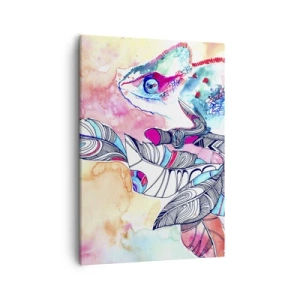 Quadro su tela - Stampe su Tela - Camaleonte colorato su sfondo di foglie astratte - 50x70cm - Il nostro mondo colorato - Decorazione murale moderna per soggiorno e camera da letto ARTTOR