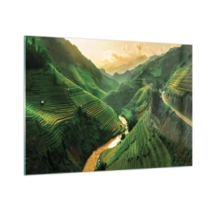 Quadro su vetro - Pittoresche terrazze di riso nella valle al tramonto - 100x70cm - Valle del Vietnam - Decorazione murale moderna per soggiorno e camera da letto ARTTOR
