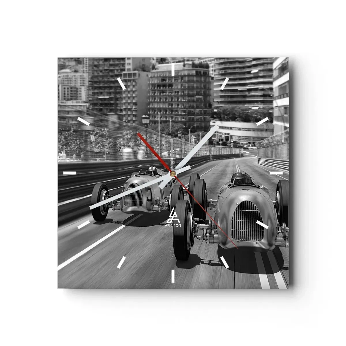 Orologio da parete - Orologio in Vetro - Scena di gara automobilistica retrò monocromatica - 30x30cm - Tanto tempo fa a Montecarlo - Decorazione murale moderna per soggiorno e camera da letto ARTTOR