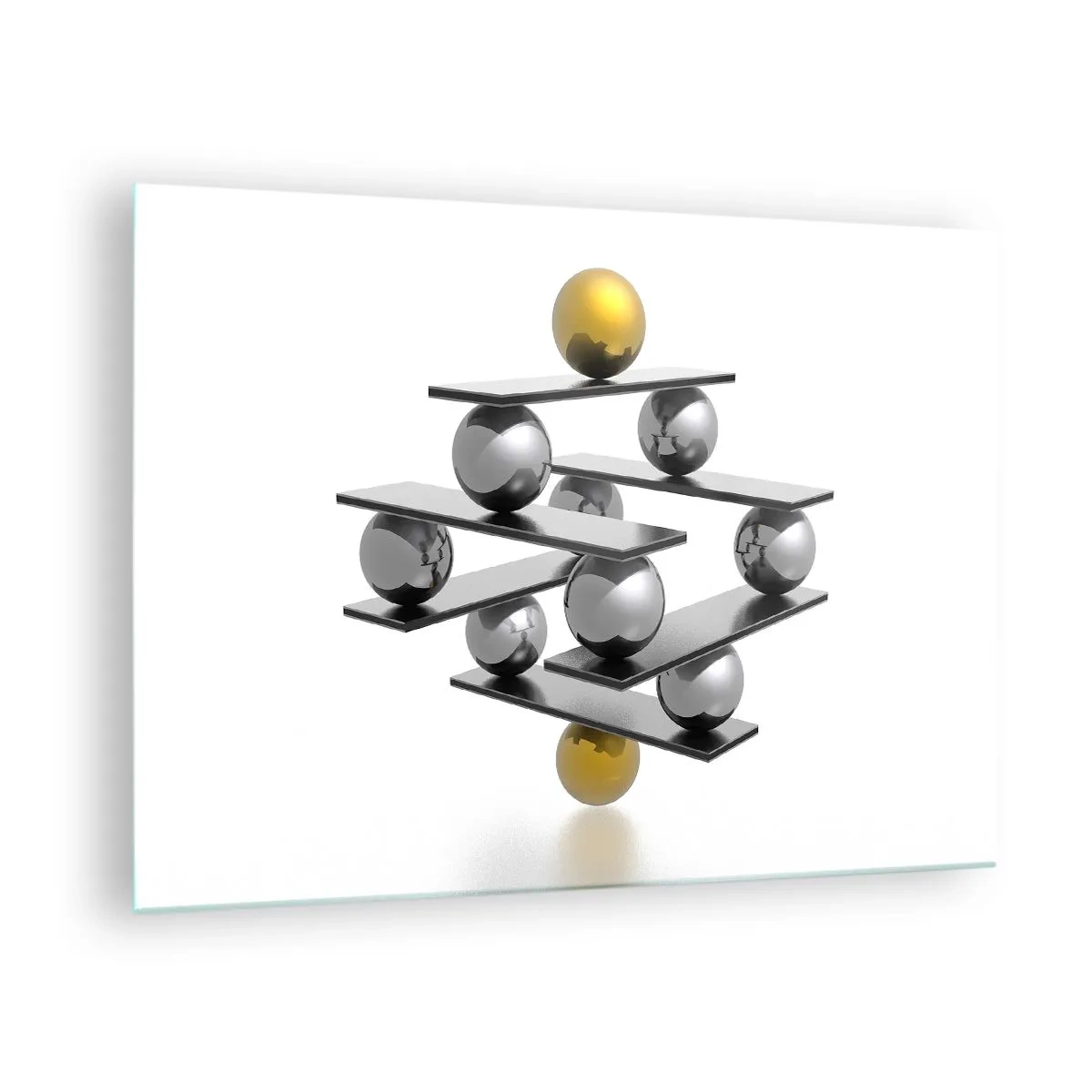 Quadro su vetro - Composizione geometrica con palline e piattaforme su sfondo bianco - 70x50cm - Equilibrio oro e argento - Decorazione murale moderna per soggiorno e camera da letto ARTTOR