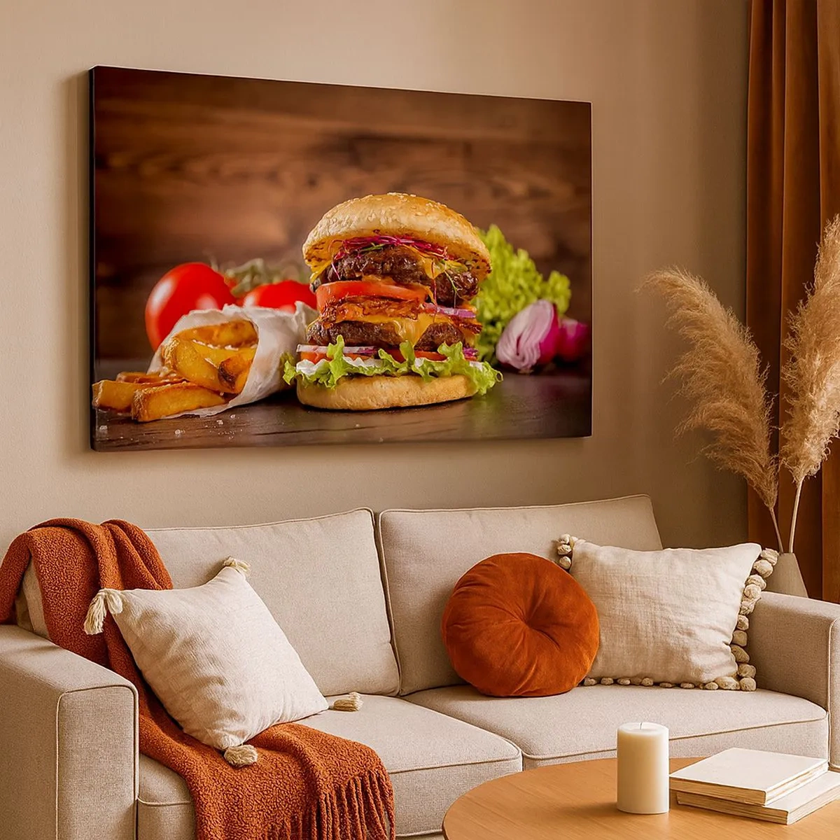 Quadro su tela - Stampe su Tela - Hamburger appetitoso con extra - 70x50cm - Frutto proibito - Decorazione murale moderna per soggiorno e camera da letto ARTTOR