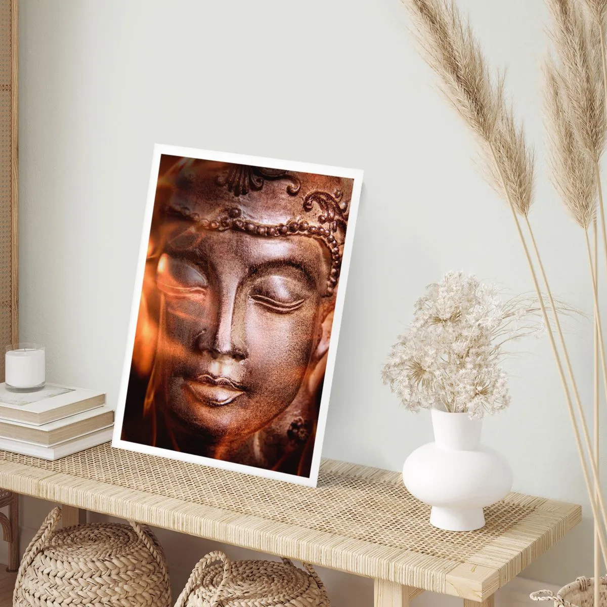 Poster - Scultura del Buddha che brilla di luce calda - 50x70cm - Esiste solo qui e ora - Decorazione murale moderna per soggiorno e camera da letto ARTTOR