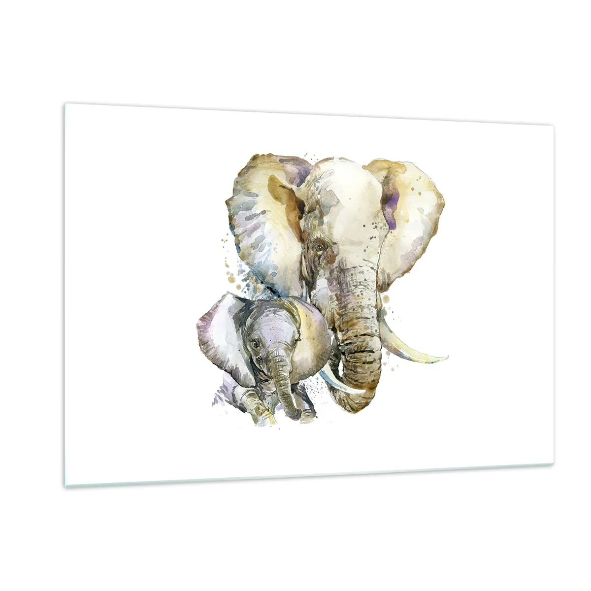 Quadro su vetro - Elefanti artistici in stile acquerello su sfondo bianco - 120x80cm - Con mamma: il posto migliore - Decorazione murale moderna per soggiorno e camera da letto ARTTOR