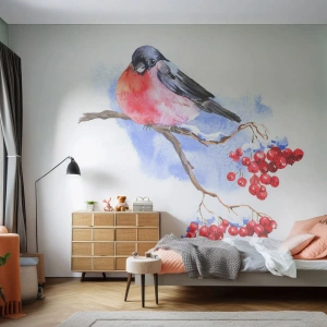 Fotomurali Autoadesivo Deluxe Sticker - L'inverno a colori - Uccello Su Un Ramo, Rowan Rosso, Grafica - 250x175 cm