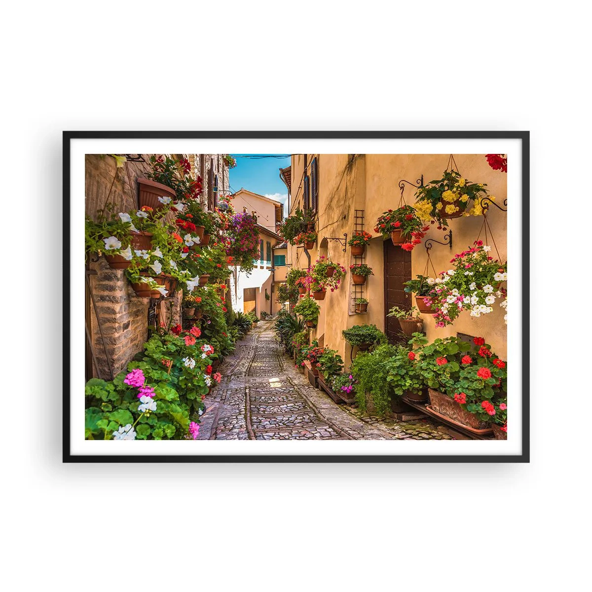 Poster in cornice nera - Una strada affascinante piena di fiori e vasi di fiori - 100x70cm - Angolo italiano - Decorazione murale moderna per soggiorno e camera da letto ARTTOR