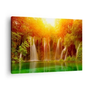 Quadro su tela - Stampe su Tela - Cascate immerse nel verde al chiarore del sole al tramonto - 70x50cm - Al sole e all'ombra - Decorazione murale moderna per soggiorno e camera da letto ARTTOR