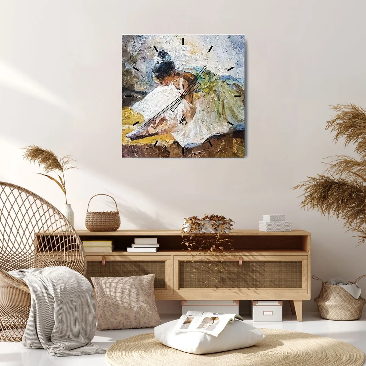 Orologio da parete - Orologio in Vetro - Una ballerina in abito bianco in stile pittorico su uno sfondo impressionista. - 30x30cm - Dal quadro di Degas - Decorazione murale moderna per soggiorno e camera da letto ARTTOR