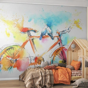 Fotomurali Premium Canvas - In due in bicicletta - Astrazione, Bicicletta, Uccelli - 400x280 cm