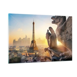 Quadro su vetro - La Torre Eiffel nella nebbia mattutina, con vista su Parigi e sculture gotiche - 120x80cm - Tante cose sono cambiate... - Decorazione murale moderna per soggiorno e camera da letto ARTTOR