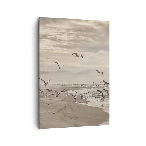 Quadro su tela - Stampe su Tela - Un gabbiano in volo sopra un paesaggio costiero - 50x70cm - Brusio del mare, canto degli uccelli - Decorazione murale moderna per soggiorno e camera da letto ARTTOR