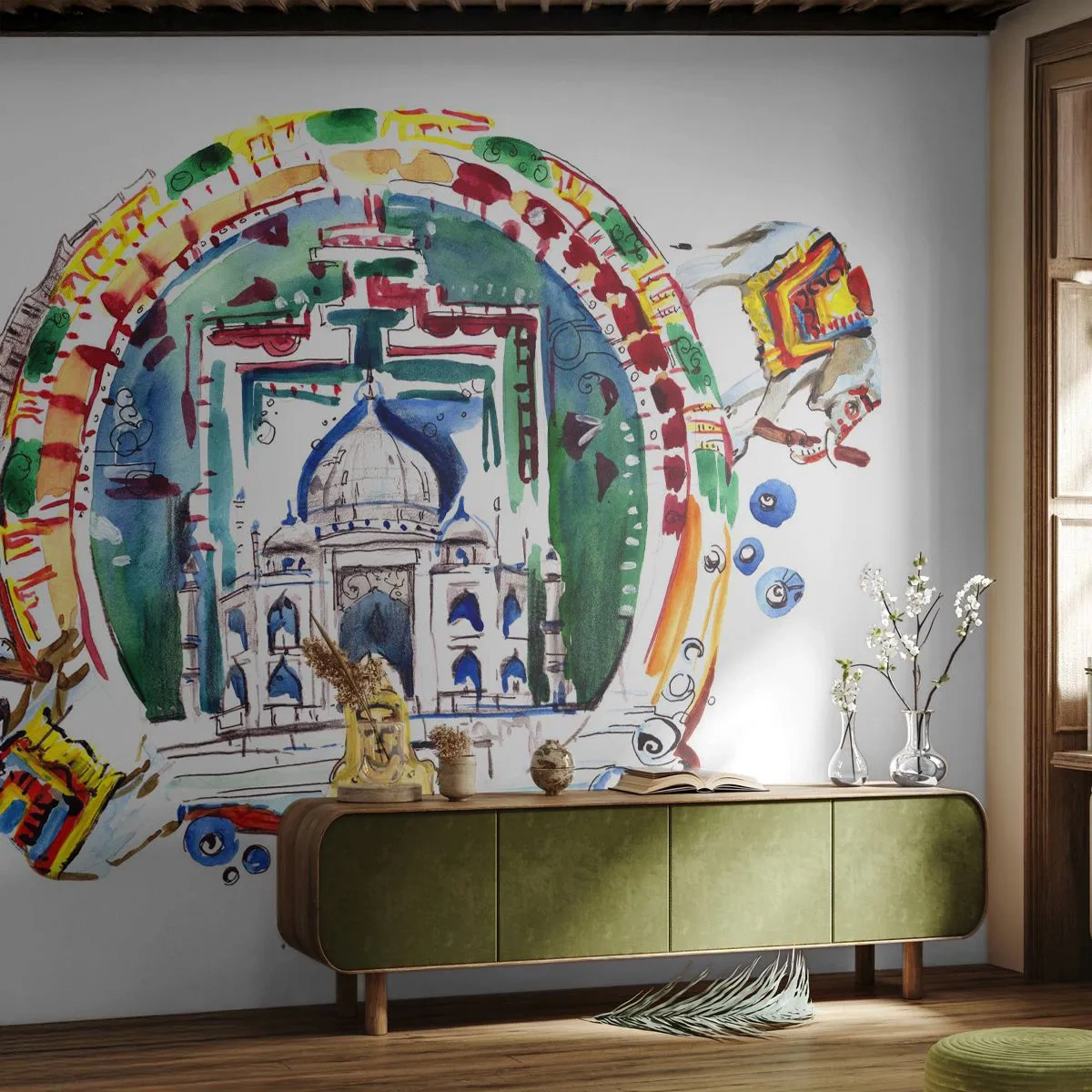 Fotomurali Premium Sand - Illustrazione ad acquerello con motivi culturali indiani - 100x70cm - L'equilibrio indiano del mondo - Decorazione murale moderna per soggiorno e camera da letto ARTTOR