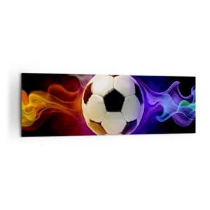Quadro su tela - Stampe su Tela - Un pallone da calcio circondato da effetti di fumo colorati su uno sfondo scuro. - 160x50cm - La forza magica del gioco - Decorazione murale moderna per soggiorno e camera da letto ARTTOR