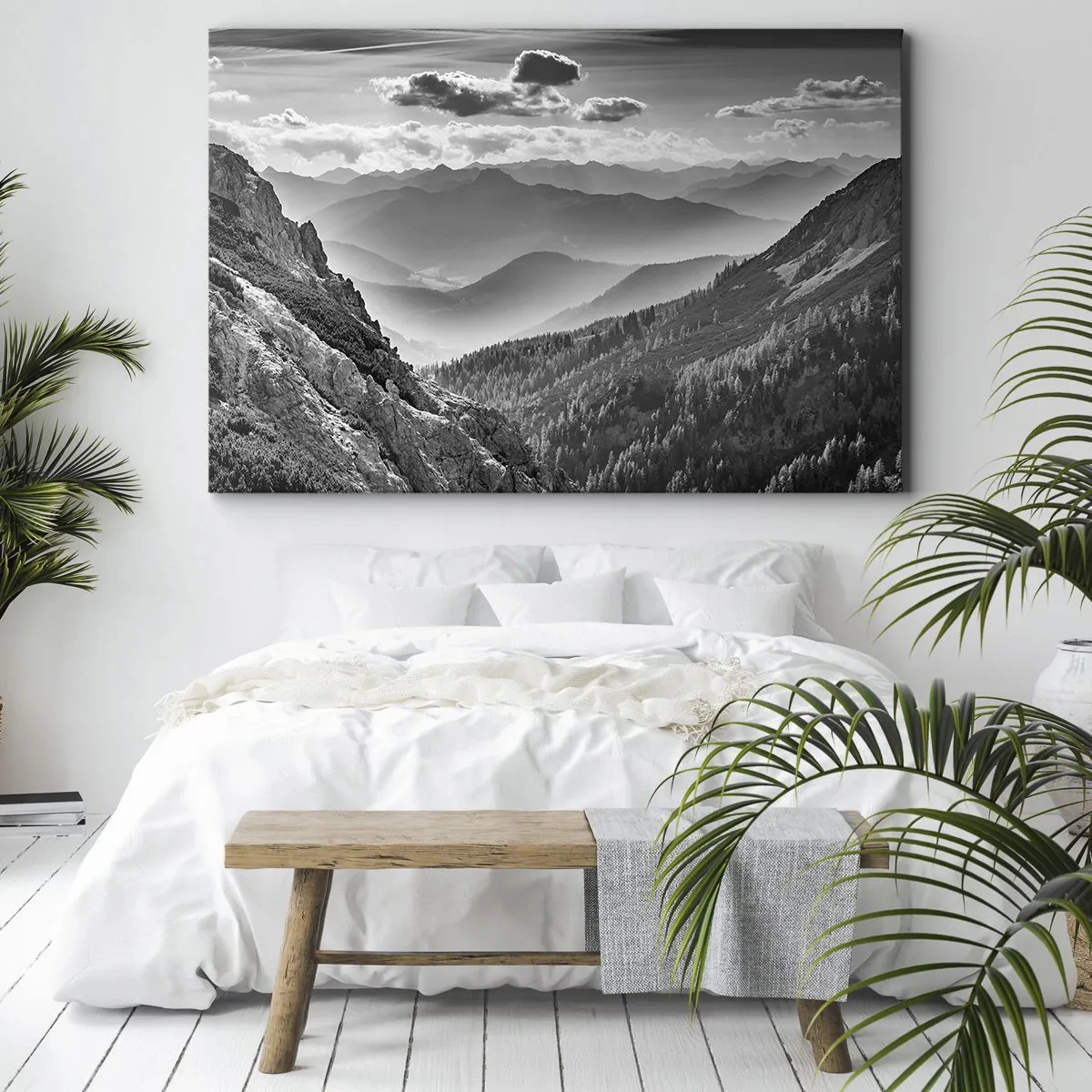 Quadro su tela - Stampe su Tela - Paesaggio montano in bianco e nero con nuvole sulle cime - 70x50cm - Fino all'orizzonte - Decorazione murale moderna per soggiorno e camera da letto ARTTOR