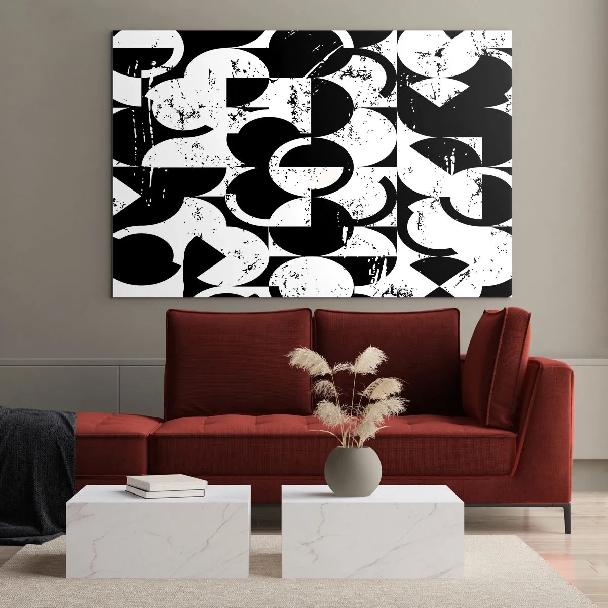 Quadro su vetro - Motivo geometrico in forme contrastanti in bianco e nero - 70x50cm - Il bianco è bianco, il nero è nero - Decorazione murale moderna per soggiorno e camera da letto ARTTOR