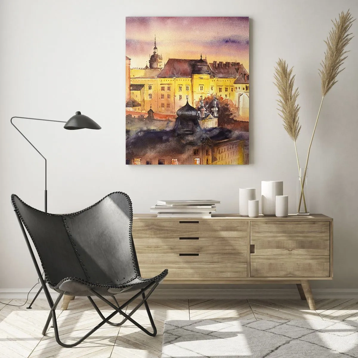 Quadro su vetro - Illustrazione ad acquerello di un castello su una collina al tramonto - 50x70cm - Storia e fiaba - Decorazione murale moderna per soggiorno e camera da letto ARTTOR