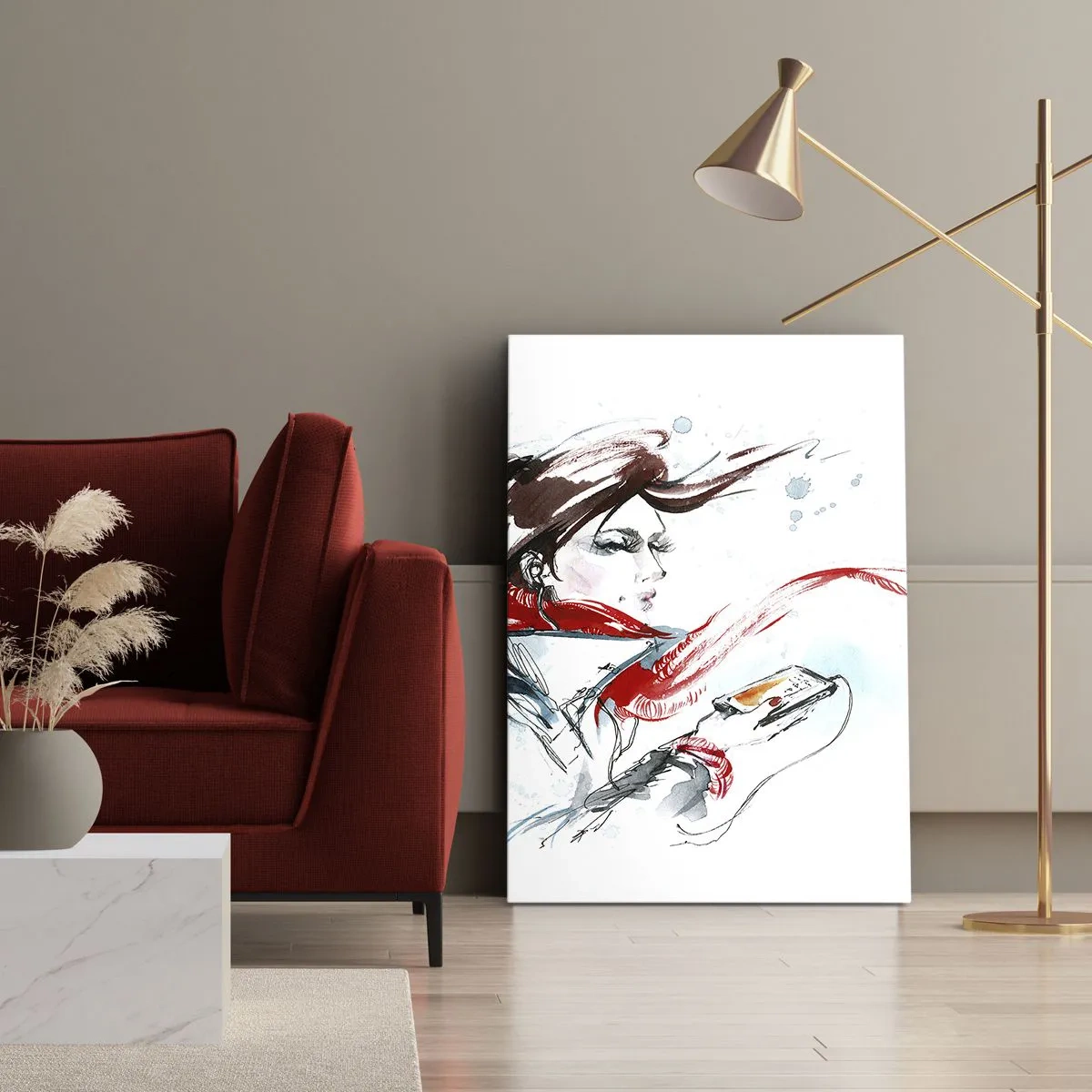 Quadro su tela - Stampe su Tela - Una donna con una sciarpa rossa con pennellate dinamiche ad acquerello - 50x70cm - Sentire la musica dentro - Decorazione murale moderna per soggiorno e camera da letto ARTTOR