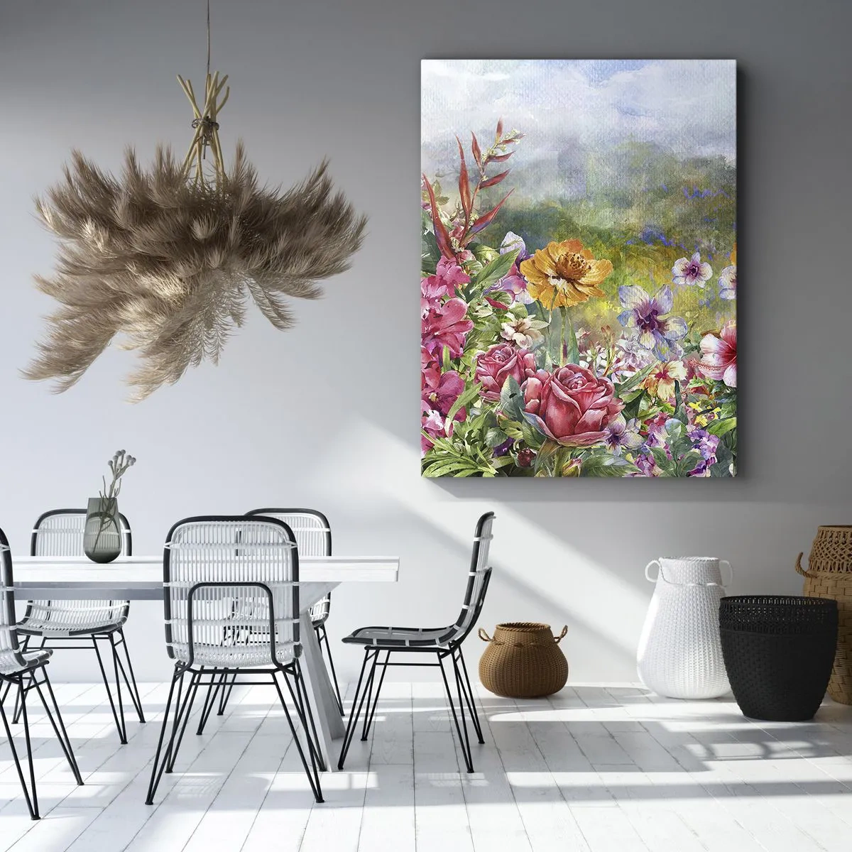 Quadro su tela - Stampe su Tela - Una composizione colorata di fiori su uno sfondo paesaggistico color pastello - 50x70cm - Il giardino impazzito - Decorazione murale moderna per soggiorno e camera da letto ARTTOR