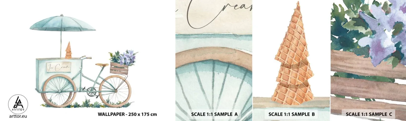 Campione di Fotomurale Adesivo Deluxe Sticker - Dolce ricordo d'estate - Pastello, Gelato, Bicicletta - 100x30 cm