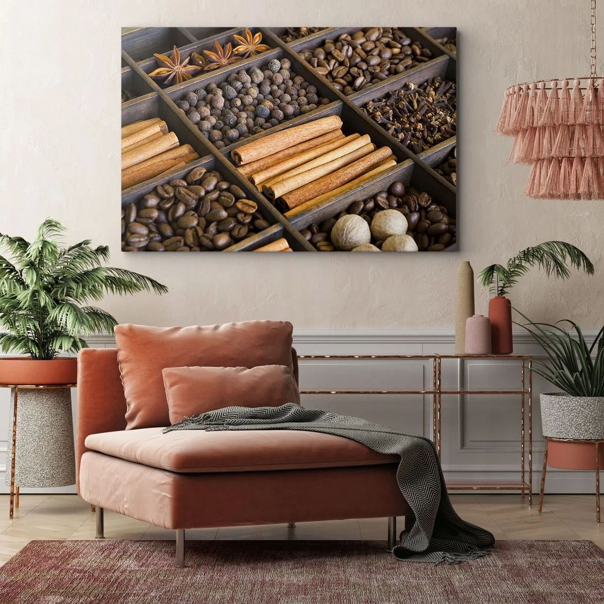 Quadro su tela - Stampe su Tela - Spezie e caffè in scomparti di legno - 100x70cm - Il tesoro degli aromi - Decorazione murale moderna per soggiorno e camera da letto ARTTOR