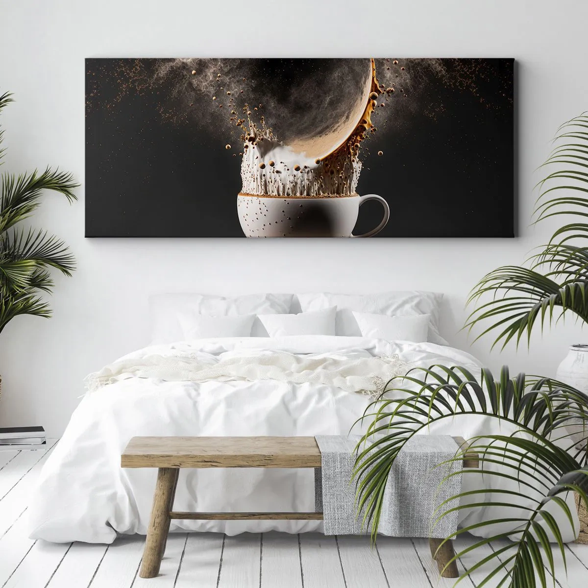 Quadro su tela - Stampe su Tela - Una tazza di caffè con un'esplosione dinamica di liquido su uno sfondo nero. - 120x50cm - Esplosione di sapore - Decorazione murale moderna per soggiorno e camera da letto ARTTOR