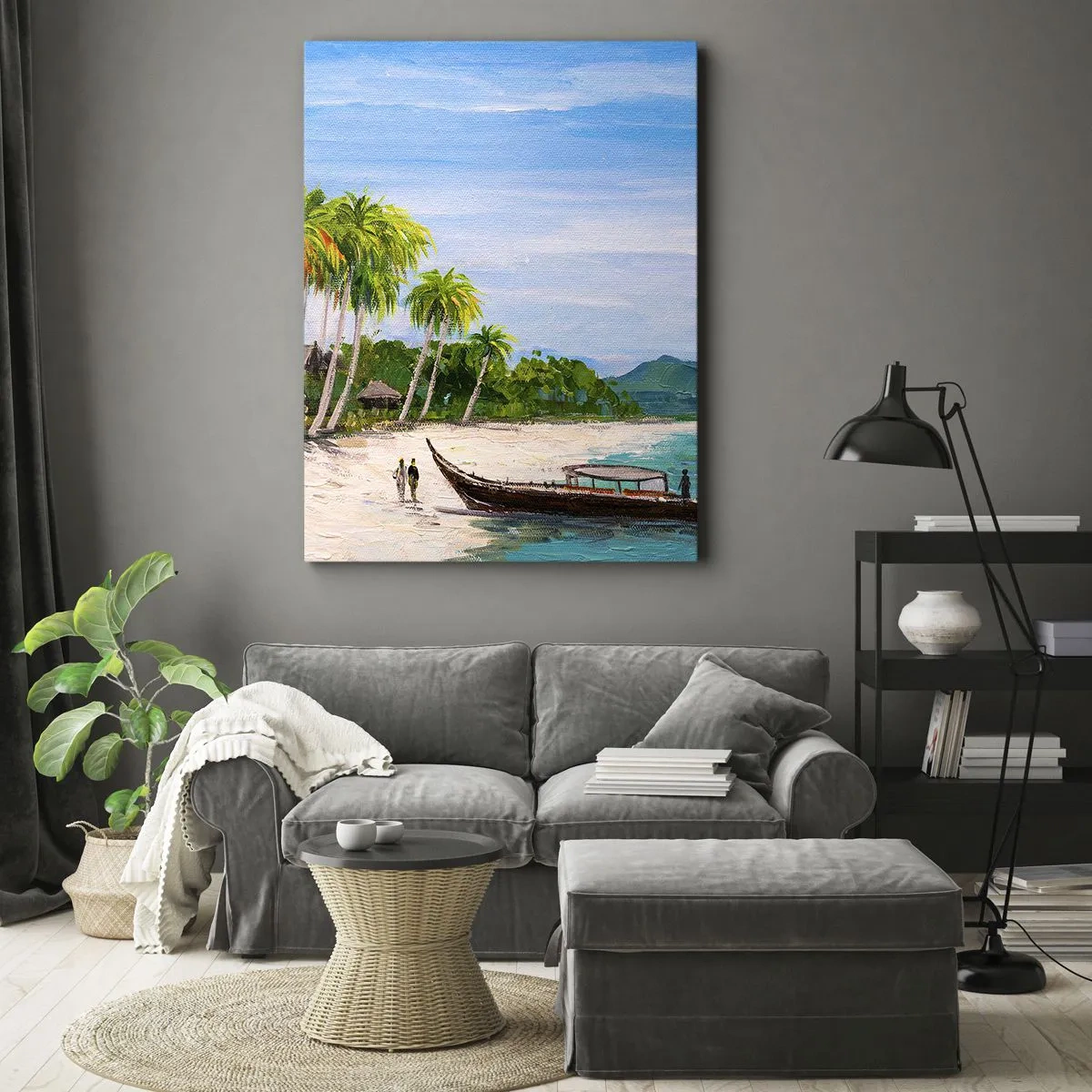 Quadro su tela - Stampe su Tela - Una spiaggia esotica con palme e una barca sulla riva - 70x100cm - Sogno esotico - Decorazione murale moderna per soggiorno e camera da letto ARTTOR