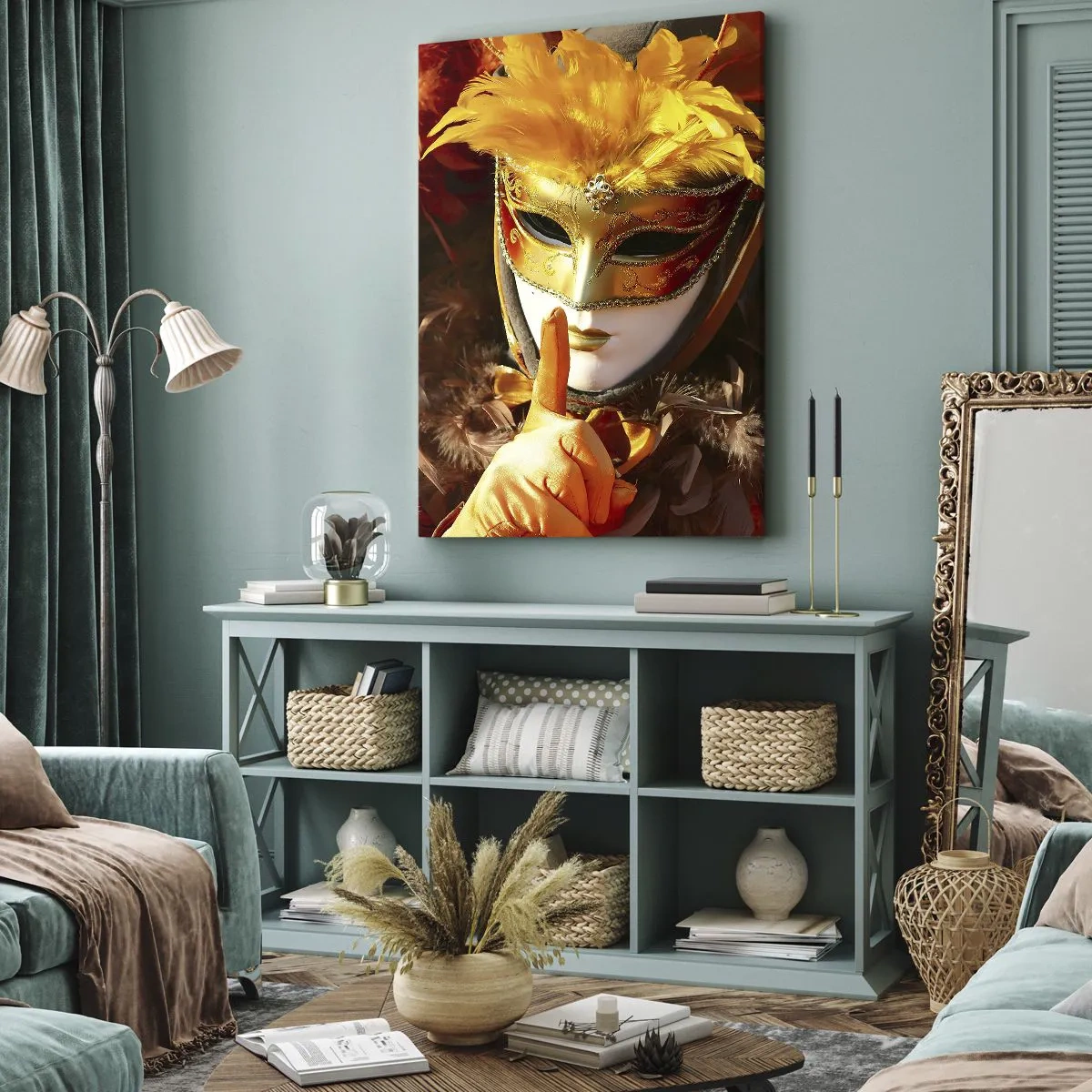 Quadro su tela - Stampe su Tela - Maschera di Carnevale nei toni dell'oro e dell'arancione - 70x100cm - Il mistero è parte del gioco - Decorazione murale moderna per soggiorno e camera da letto ARTTOR