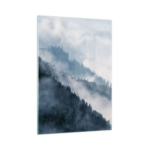 Quadro su vetro - Panorama montano nebbioso con una foresta oscura - 50x70cm - La mistica dei monti - Decorazione murale moderna per soggiorno e camera da letto ARTTOR