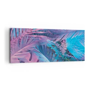Quadro su tela - Stampe su Tela - Foglie tropicali nelle tonalità del rosa e del blu - 120x50cm - Tropici in rosa e blu - Decorazione murale moderna per soggiorno e camera da letto ARTTOR