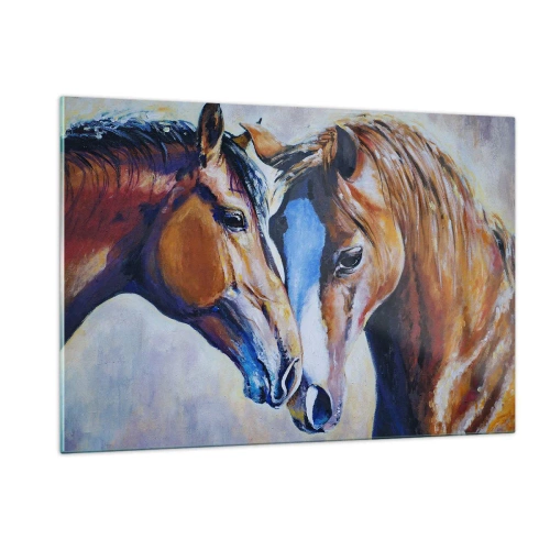 Quadro su vetro - Due cavalli in un tenero gesto di vicinanza - 120x80cm - Sarà amicizia o amore? - Decorazione murale moderna per soggiorno e camera da letto ARTTOR