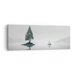 Quadro su tela - Stampe su Tela - Un paesaggio minimalista con un albero su un'isola e una barca a vela. - 140x50cm - Paesaggio onirico - Decorazione murale moderna per soggiorno e camera da letto ARTTOR