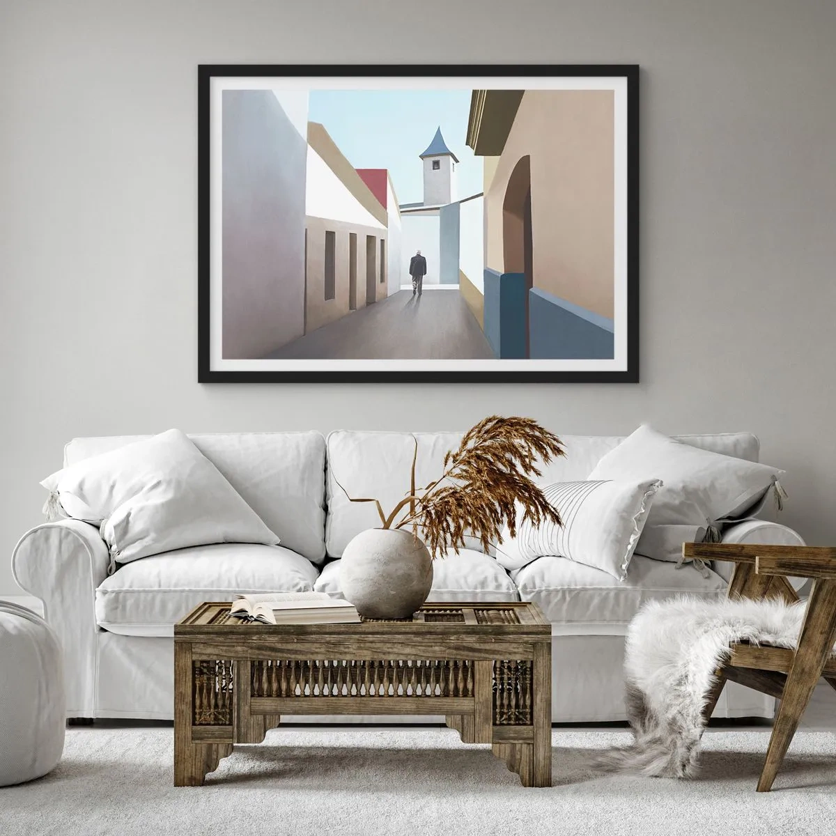 Poster in cornice nera - Una strada minimalista con la sagoma di un uomo sullo sfondo - 100x70cm - Passeggiata assolata - Decorazione murale moderna per soggiorno e camera da letto ARTTOR