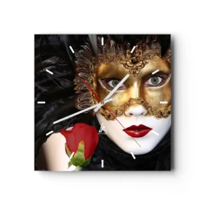 Orologio da parete - Orologio in Vetro - Maschera veneziana dorata con piume e rosa rossa, motivo misterioso. - 30x30cm - Perché la vita è un grande ballo - Decorazione murale moderna per soggiorno e camera da letto ARTTOR