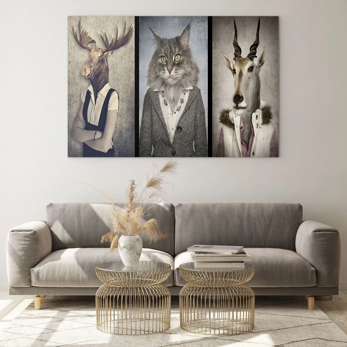 Quadro su vetro - Tre ritratti surreali di animali in eleganti costumi umani. - 100x70cm - Le pellicce sono nuovamente di moda - Decorazione murale moderna per soggiorno e camera da letto ARTTOR