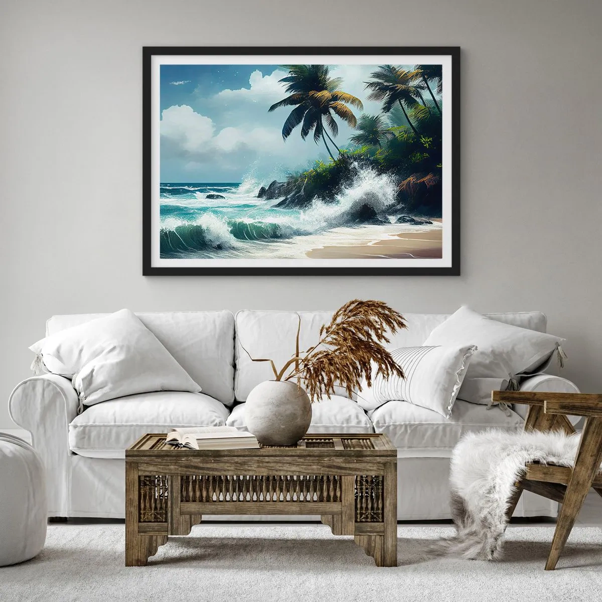 Poster in cornice nera - Costa tropicale con palme e mare agitato - 70x50cm - Sulla riva tropicale - Decorazione murale moderna per soggiorno e camera da letto ARTTOR